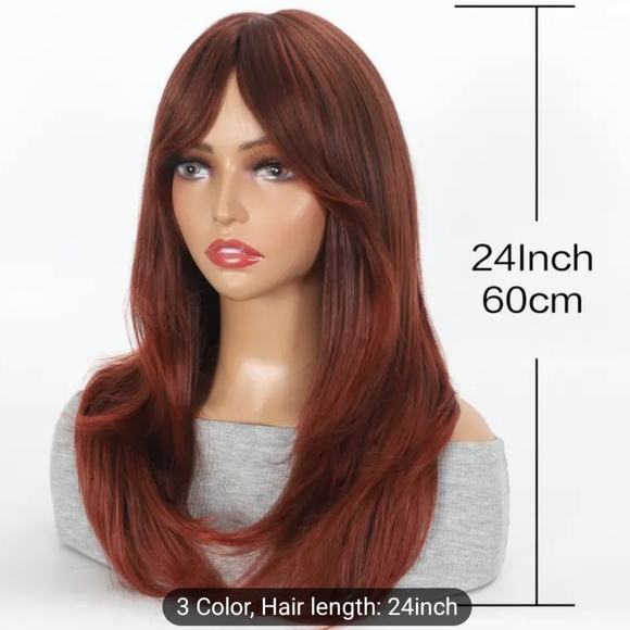 Burgundy Wig With Bangs 24 Inch Long Straight Burgundy Wig Layered - Picture 3 of 6